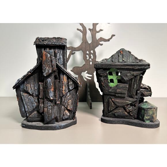 Creepy Halloween Houses + Haunted Tree Cutout - Handcrafted VTG Fall Party Decor - Picture 4 of 7